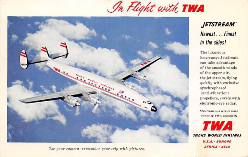 In flight with TWA Jetstream newestâ€¦ Finest in the skies Airplane Posta...