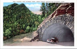 Postcard TN Great Smoky Mountain - Car emerging from tunnel and chimney tops