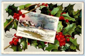 1908 Christmas Holly Berries House Winter Scene Clapsaddle Hillsboro ND Postcard