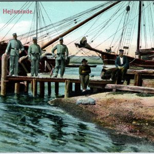 c1910s Hejlsminde Denmark Border Postcard Guards Danish Flag Soldiers Ships Pier
