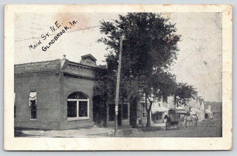 Gladbrook Iowa~Bank Corner~Horse Buggy & Wagon Hitched by Main Street Shops~1910 