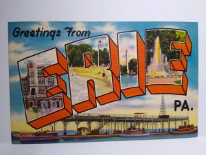 Erie Large Letter Postcard Greeting From Pennsylvania Linen Bridge Boats Landing