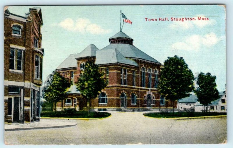 STOUGHTON, Massachusetts MA~ TOWN HALL Street Scene 1911 Norfolk County Postcard 