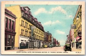 Postcard St. Thomas Ontario c1930s Grand Central Hotel and Business Section A