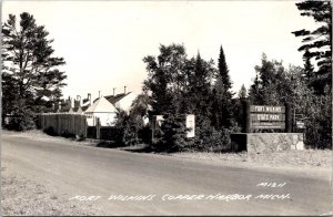 RPPC Fort Wilkins State Park Sign, Copper Harbor MI Vintage Postcard V65