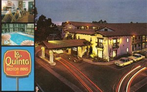 Advertising   LA QUINTA MOTOR INNS  Night~Pool~Room  ROADSIDE  Chrome Postcard