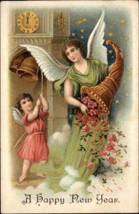 New Year Woman and Little Girl Angels c1910 Vintage Postcard