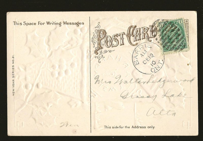 New Year Series No 21 Embossed Color Postcard Postmarked Barrie Ont 1910