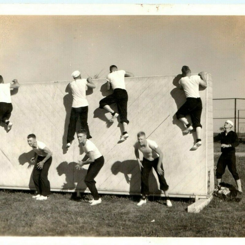 1940s US Naval Train Center Recruits Scaling Wall RPPC Navy WWII USN Military A5