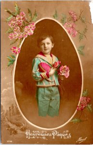 Postcard French Easter Hand Colored - Heureuses pâques Boy with Egg and Flowers