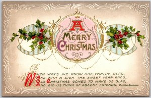 1911 Merry Christmas Greetings, Holy Leaf Cherry, Vintage Postcard