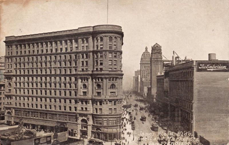 SAN FRANCISCO CALIFORNIA JAMES FLOOD BLDG~POWELL-MARKET ST~BARDELL POSTCARD 1909