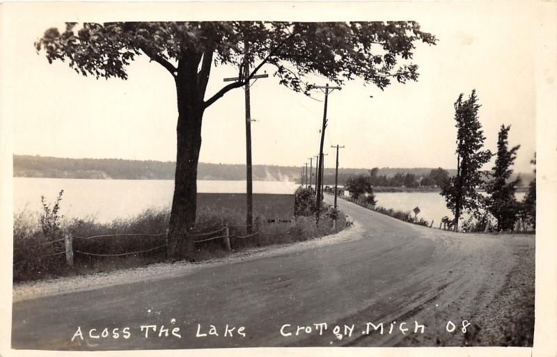 Croton Michigan~View Across Lake from Unpaved Street~Vintage RPPC-Postcard