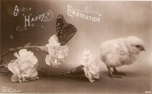 Chick, flowers. butterfly  Old vintage American Easter Postcard
