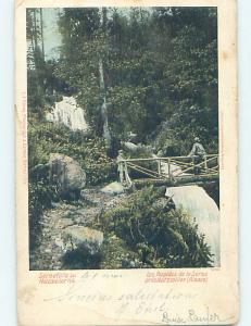 Pre-1907 WOODEN BRIDGE BY WATERFALL Alsace France F5116