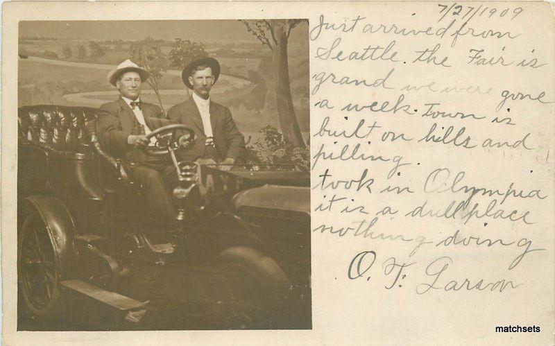 C-1910 Photo Studio Prop Real Photo postcard men in car RPPC Postcard 10553