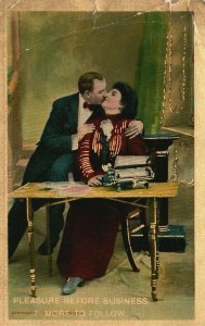 Vintage Postcard 1909 Pleasure Before Business More to Follow.  Man & Woman Love