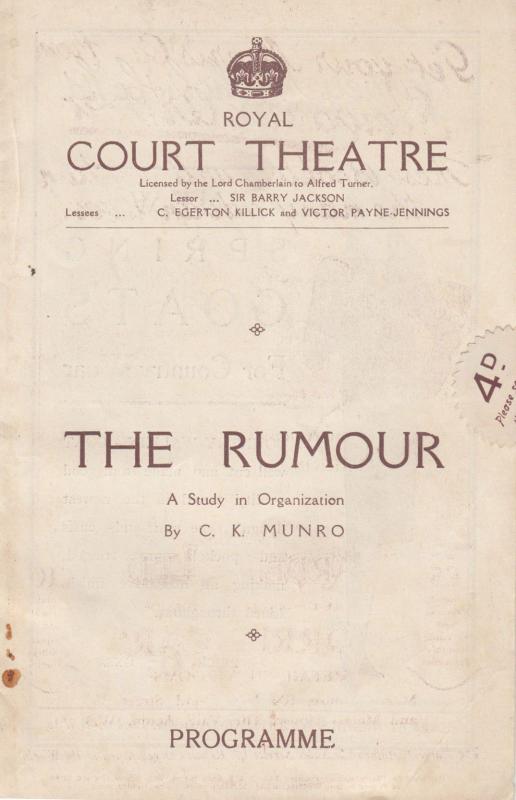 The Rumour Gerard Clifton Freda Gaye CK MUNRO Royal Court Theatre Programme