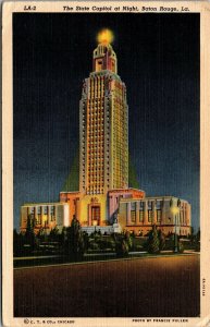 Vtg Baton Rouge Louisiana LA State Capitol at Night 1940s Linen Postcard
