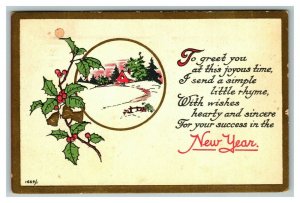 Vintage 1910's New Years Postcard Mistletoe Holly Berry Snowy Landscape Art Deco