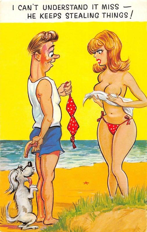 D62/ Nude Comic Bamforth Risque Postcard c1940s Boobs Woman Dog Bathing Suit 15