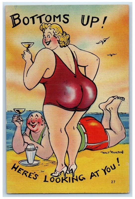 1945 Bottoms Up Fat Man Woman Champagne Newark New Jersey NJ Vintage Postcard