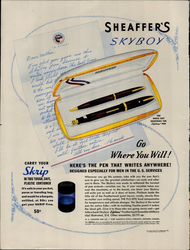 1941 Sheaffer's Skyboy Lifetime Pen Vintage Print Ad 3741