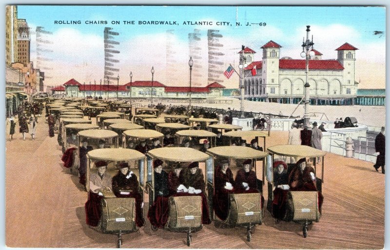 c1940s Atlantic City NJ Rolling Chairs on Boardwalk Linen PC Huge Crowd Car A293