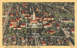 Austin, TX   UNIVERSITY OF TEXAS  Campus Bird's Eye View ca1940's Linen Postcard