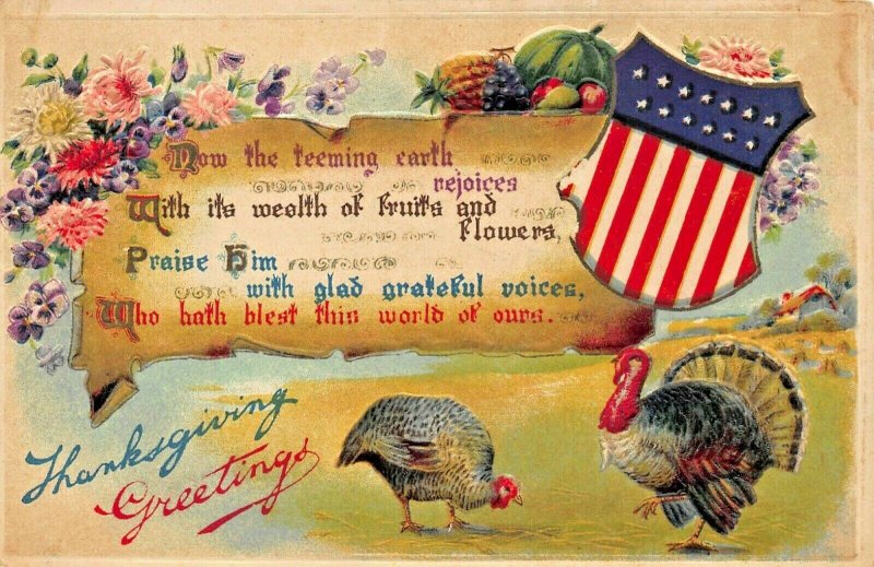 PATRIOTIC THANKSGIVING~TURKEYS-SHIELD FLAG EMBOSSED 1909 POSTCARD