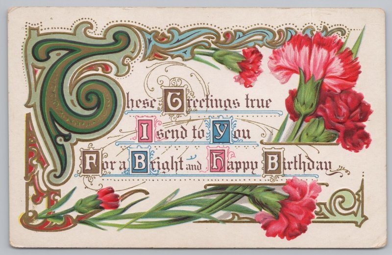 Greetings~Birthday~Red & Pink Carnations~Fancy Lettering~Vintage Postcard