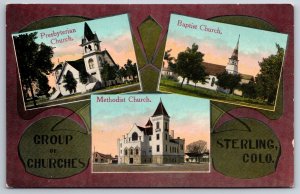 Sterling Colorado~Presbyterian-Baptist-Methodist Churches~c1910 Art Nouveau PC