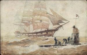 A. Hubert - German Sub Submarine & Tall Sailing Schooner Ship c1910 Postcard