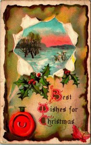  Best Wishes for Christmas Winter Scene Holly Wax Seal UNP DB Postcard E12 