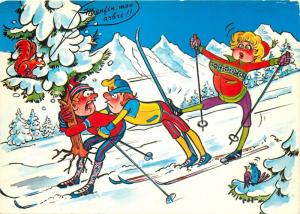 Winter sport ski humour comic caricatures postcard