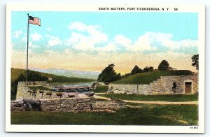 1920s FORT TICONDEROGA NEW YORK NY SOUTH BATTERY CANNONS US FLAG POSTCARD P2598