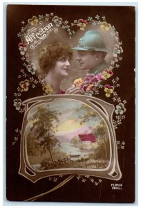 c1930's Soldier Couple Romance Heart Flowers House Boat Affection WWI Postcard