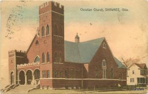 1910 Christian Church Shawnee Oklahoma hand colored Yunts postcard 11127