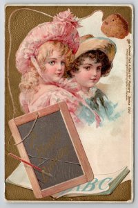 Happy Birthday Victorian Children Writing Slate U/S Brundage Tuck Postcard M24