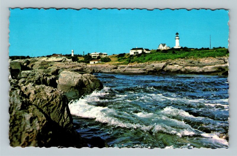 Cape Elizabeth ME, Two Lighthouses, Chrome Maine Postcard