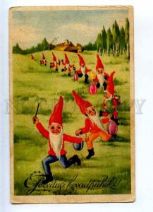 202976 EASTER Dancing GNOME Dwarfs EGGS Vintage postcard