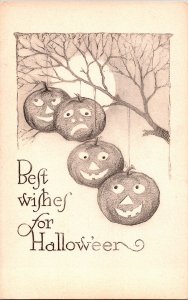Vintage Gibson Sepia Pumpkin, Jack o' Lanterns, Moon, Trees Halloween Postcard