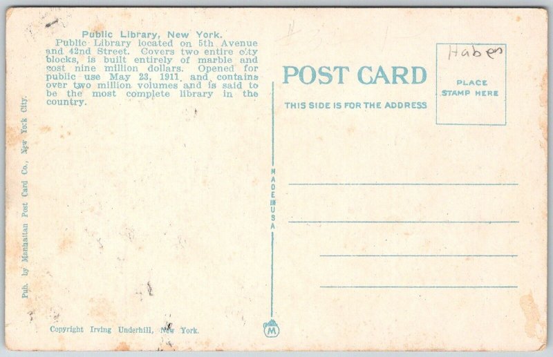 New York City NY 1920-30s Postcard Public Library