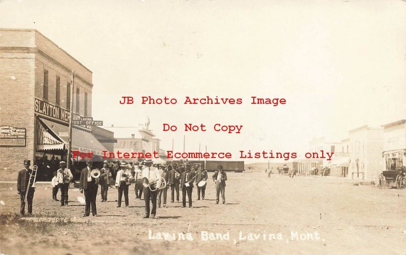 MT, Lavina, Montana, RPPC, Street Scene, Business Section, Music Band