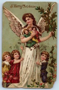 1909 Christmas Guardian Angel With Dolls Children Embossed New York NY Postcard