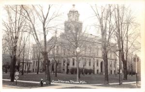 Ithaca Michigan~Court House Square~MI US 27 Sign~Birches~1940s RPPC Postcard