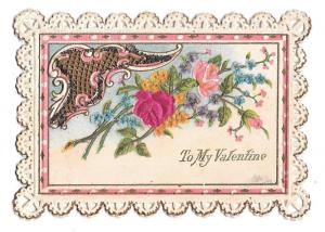 Victorian Valentine Die Cut Silk Rose Glitter Embossed Greeting Card