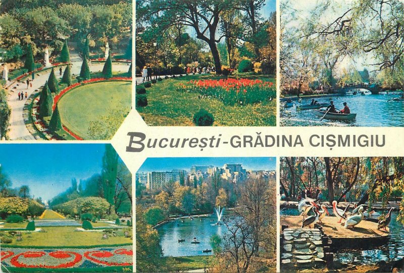 Romania Bucuresti gradina cismigiu parc barca lac flori pod multi view Postcard