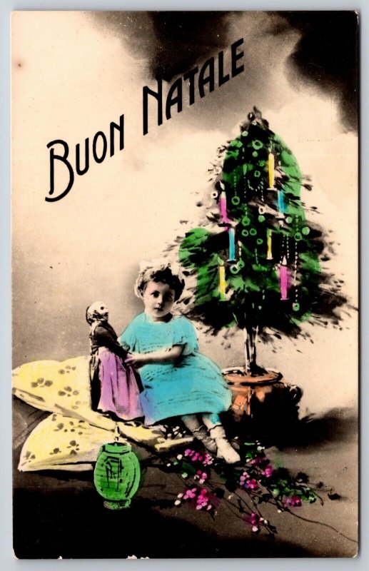 RPPC Tinted Christmas Tree Candles Child w Toys Buon Natale UNP Postcard K3