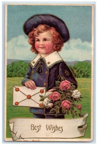 c1910's Best Wishes Little Boy With Flowers And Letter Embossed Antique Postcard